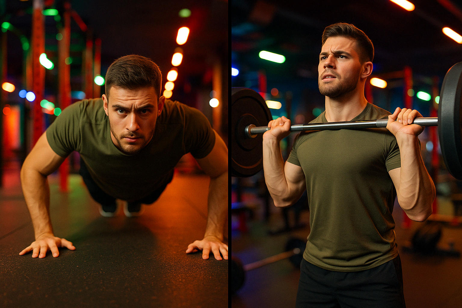 맨몸운동과 웨이트운동의 대비되는 사진