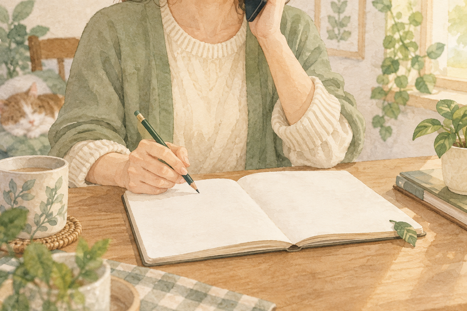 치료센터에 전화하며 이용 비용과 대기 시간을 메모하는 부모의 수채화 삽화