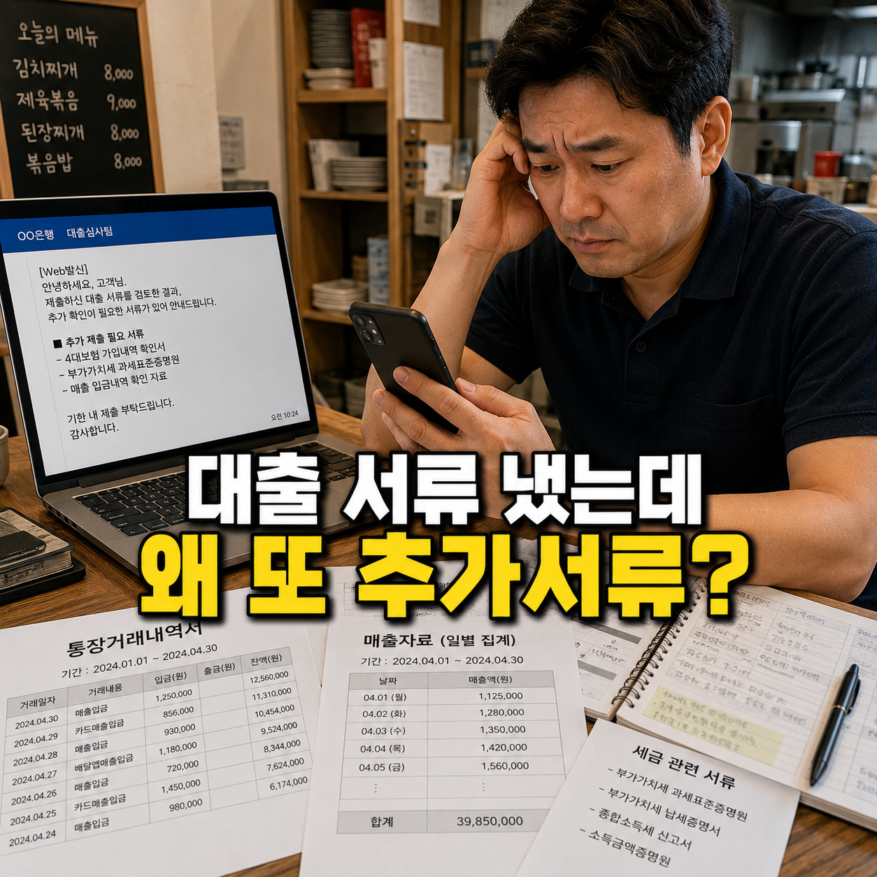 사업자 대출 서류 제출 후 은행에서 추가서류 요구를 받은 소상공인 사장이 매출자료와 통장거래내역서를 확인하는 모습