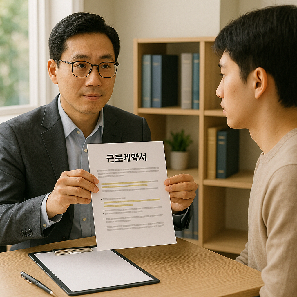 근로계약서를 검토하며 신규 직원을 맞이하는 인사담당자의 사무실 장면