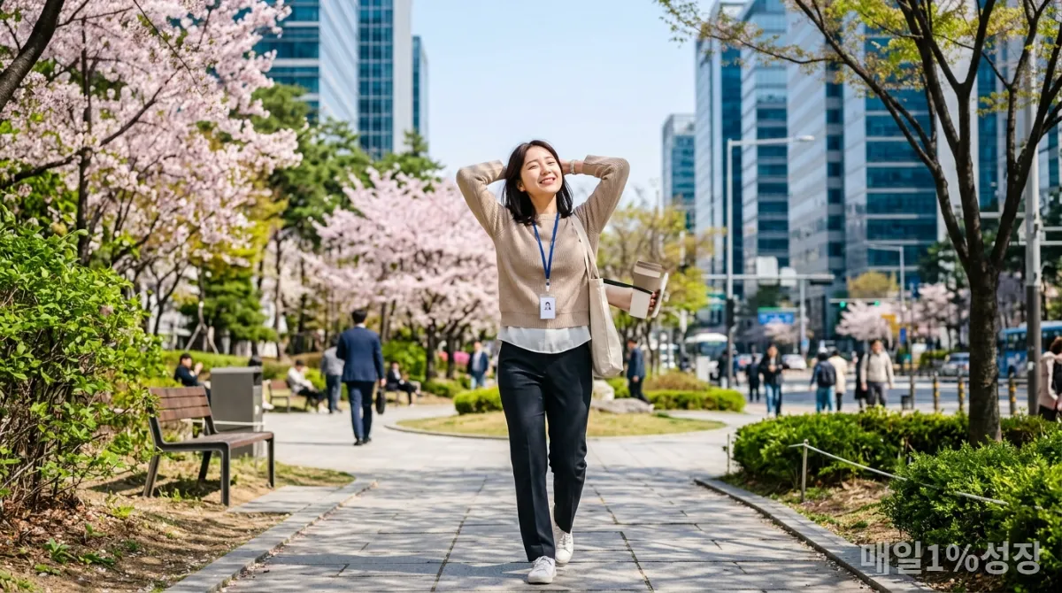 점심시간에 가볍게 산책하며 재충전하는 한국인 직장인