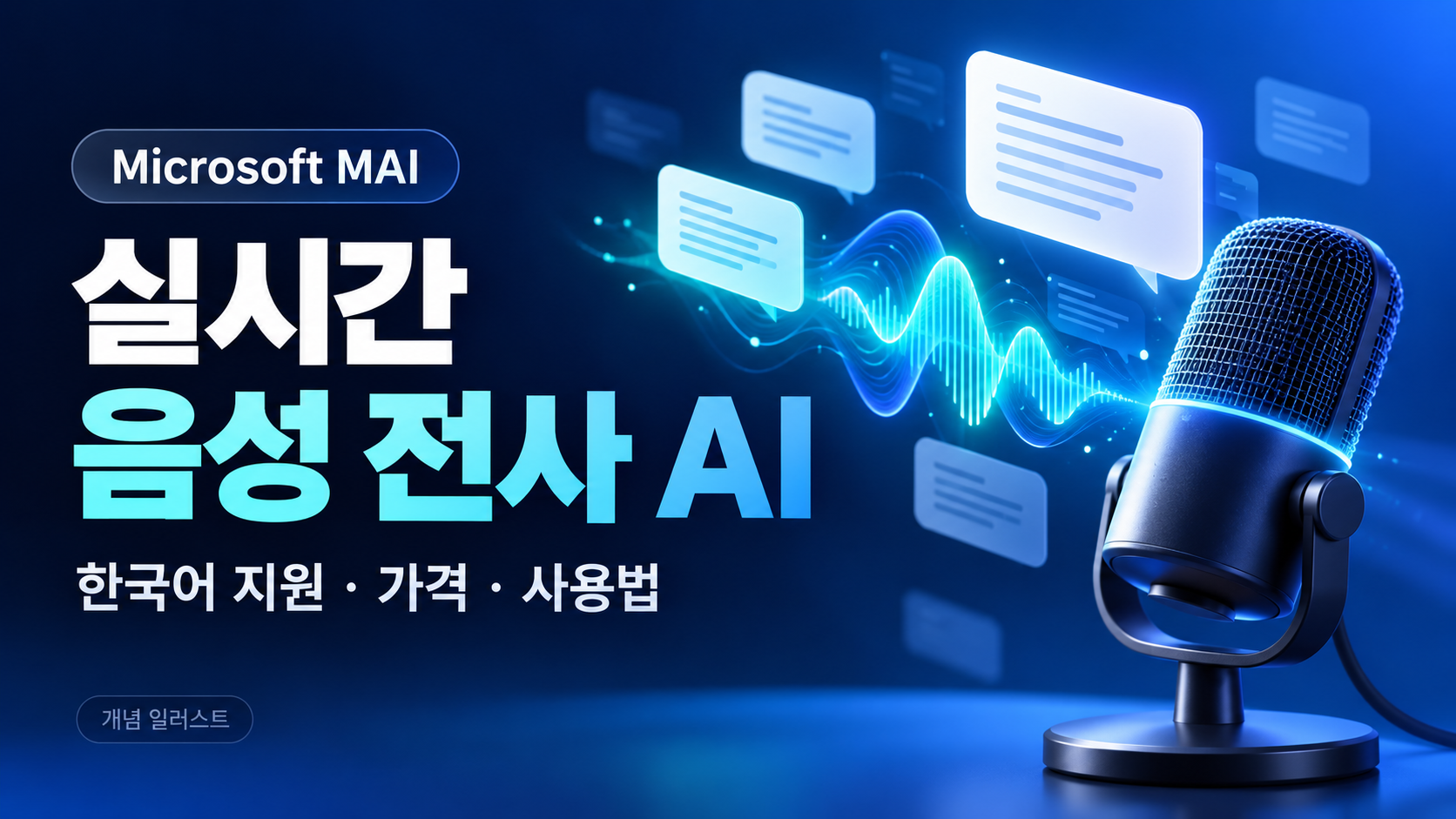 마이크로소프트 실시간 음성 전사 AI의 한국어 지원&middot;가격&middot;사용법을 소개하는 마이크와 음성 파형 개념 일러스트
