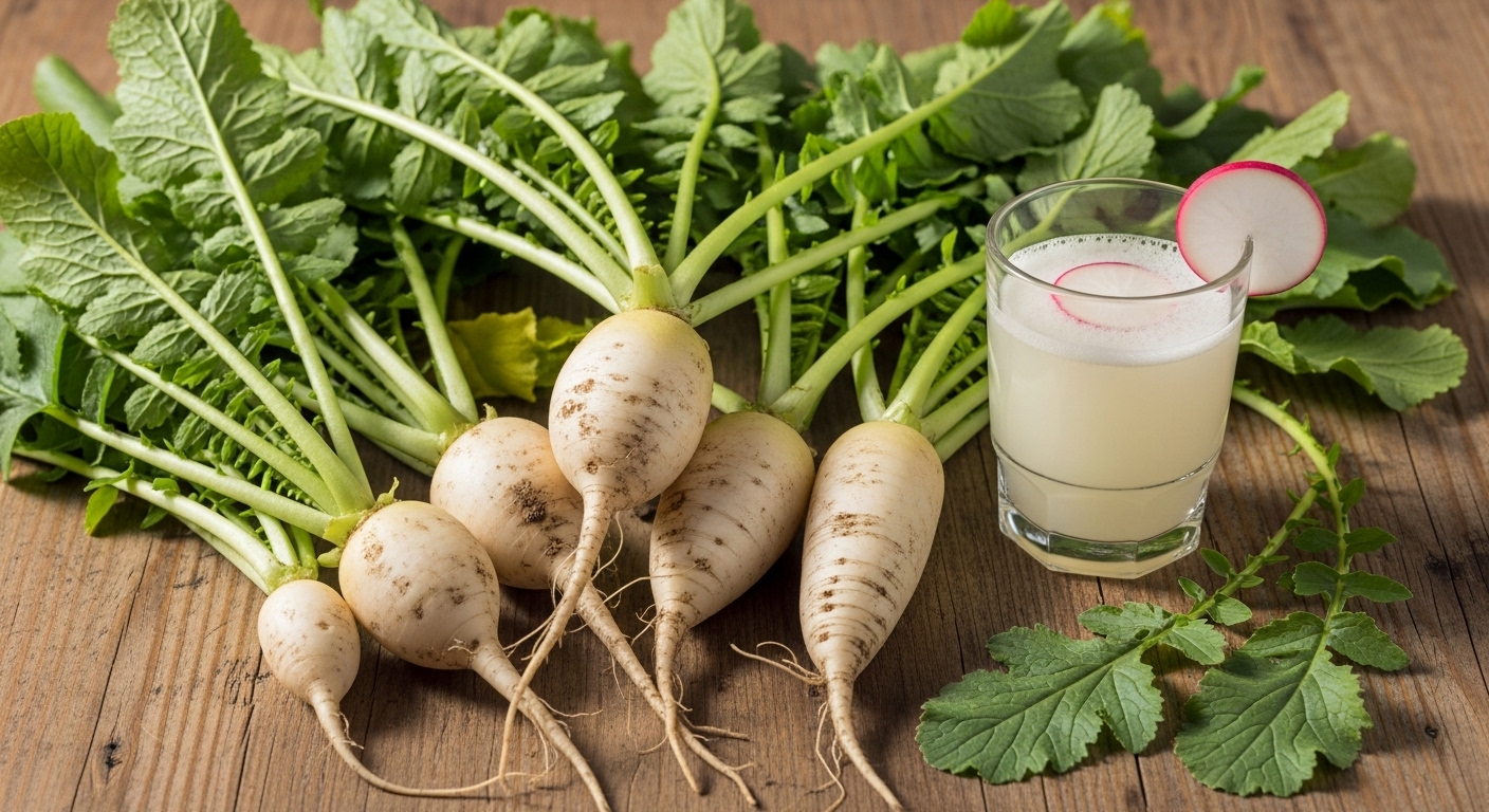 천연 소화 효소인 디아스타아제가 가득하여 소화를 돕는 신선한 무와 무즙 이미지