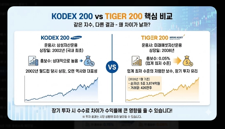 KODEX 200 vs TIGER 200 비교 총보수&middot;거래량&middot;순자산 분석 및 선택 가이드 (2026)