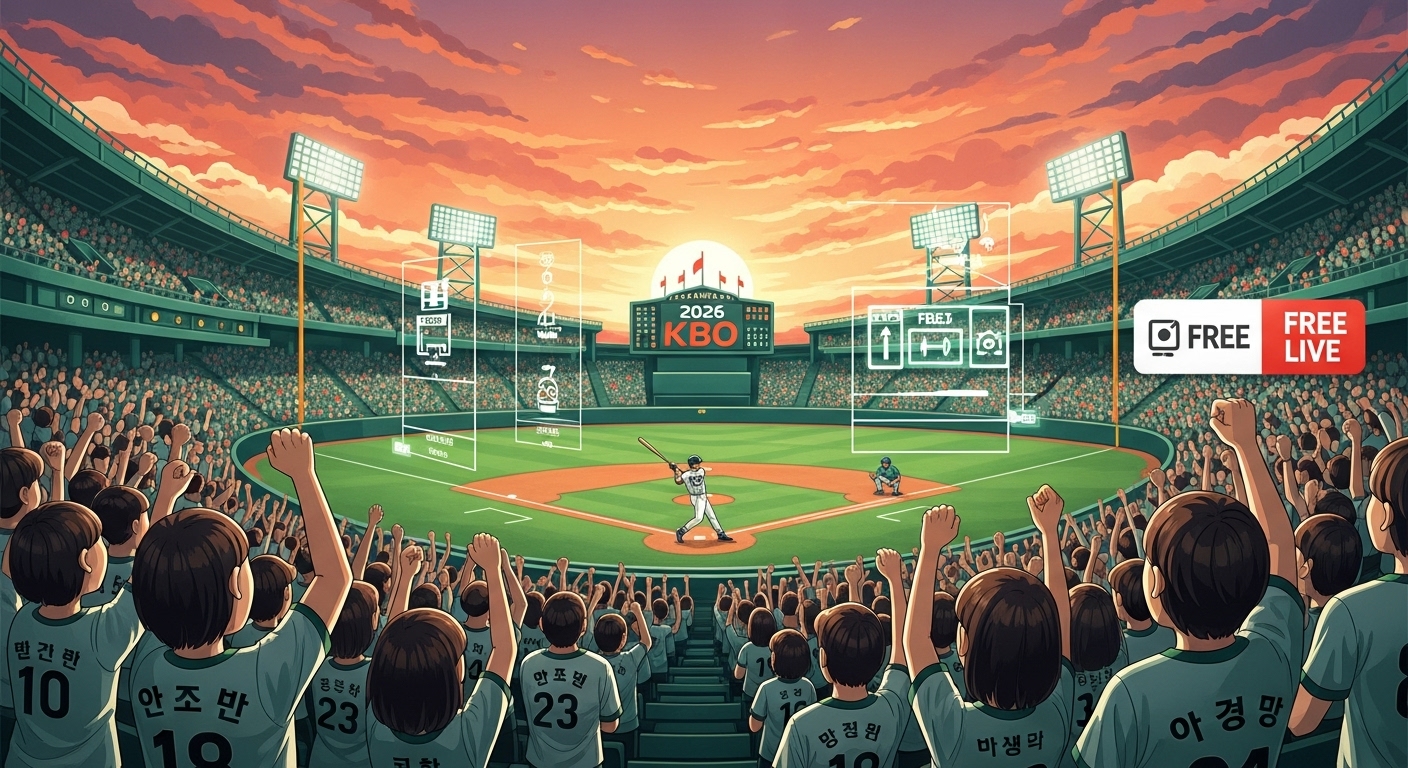 2026년 KBO 프로야구 경기를 스마트폰이나 TV로 무료 시청하며 열정적으로 응원하는 팬들의 모습. 역동적인 야구장 전경과 디지털 중계 화면이 어우러진 이미지.
