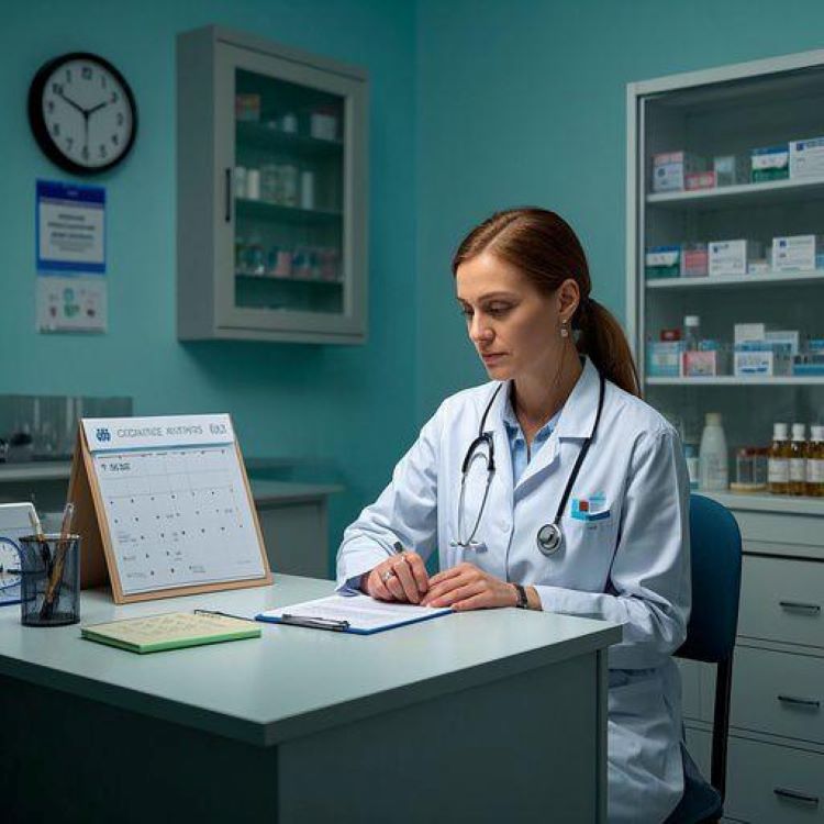 깔끔한 의료 환경에서 약사가 사후피임약에 대해 상담하고 있는 모습. 테이블 위에는 시계와 달력이 있어 시간의 중요성을 강조하고, 전문적이면서도 안전한 의료 상담 분위기를 표현하는 이미지