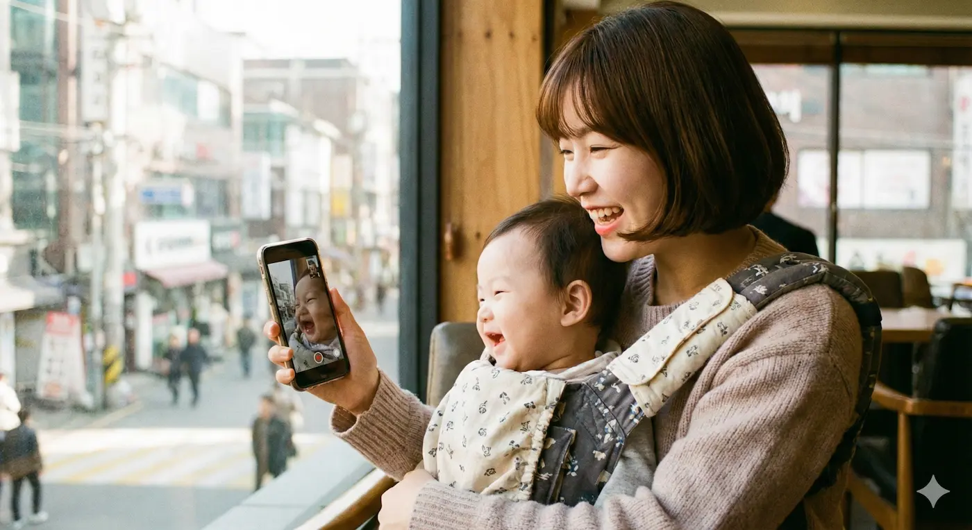 부모급여 받고 기뻐하는 엄마와 아기 모습