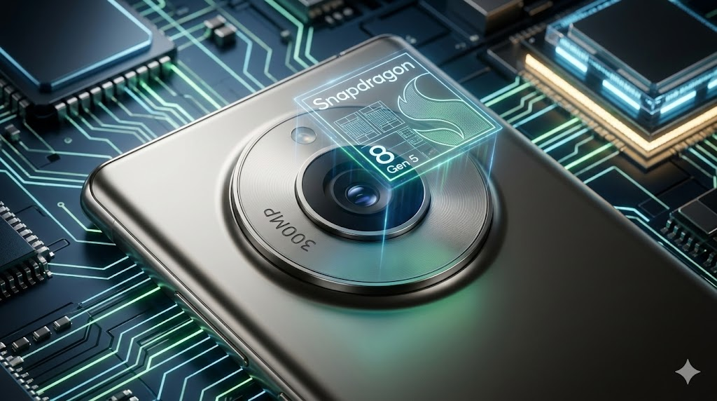 갤럭시S26 울트라의 3억 화소 카메라 렌즈와 스냅드래곤 칩셋 홀로그램이 강조된 이미지