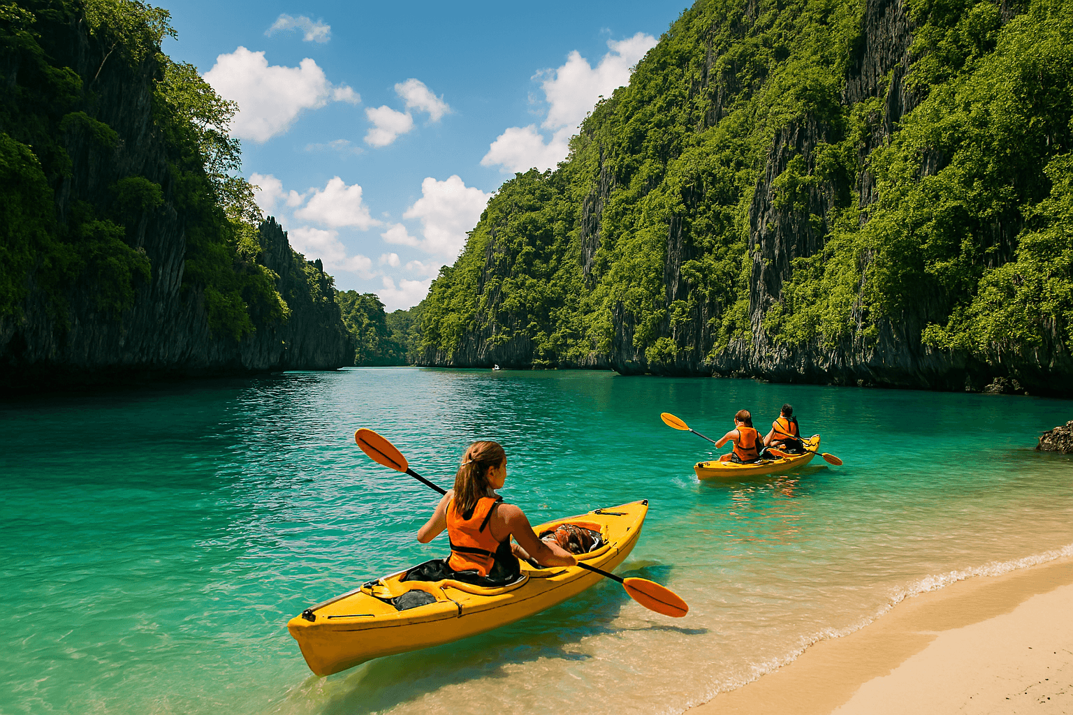 팔라완의 숨겨진 라군에서 투명한 필리핀 바닷가 물 위로 카약을 저으며 주변의 웅장한 기암괴석을 탐험하는 여행객들. 모험과 신비로움이 가득하다.