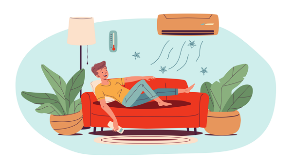 에어컨 아래 소파에서 쉬는 남자