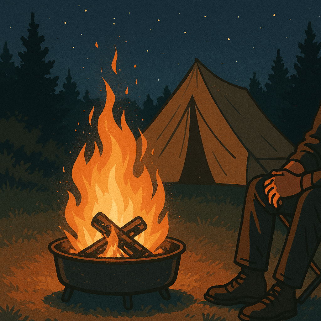 장작이 환하게 타오르는 밤의 캠핑장, 주변이 깨끗한 화로통 모습