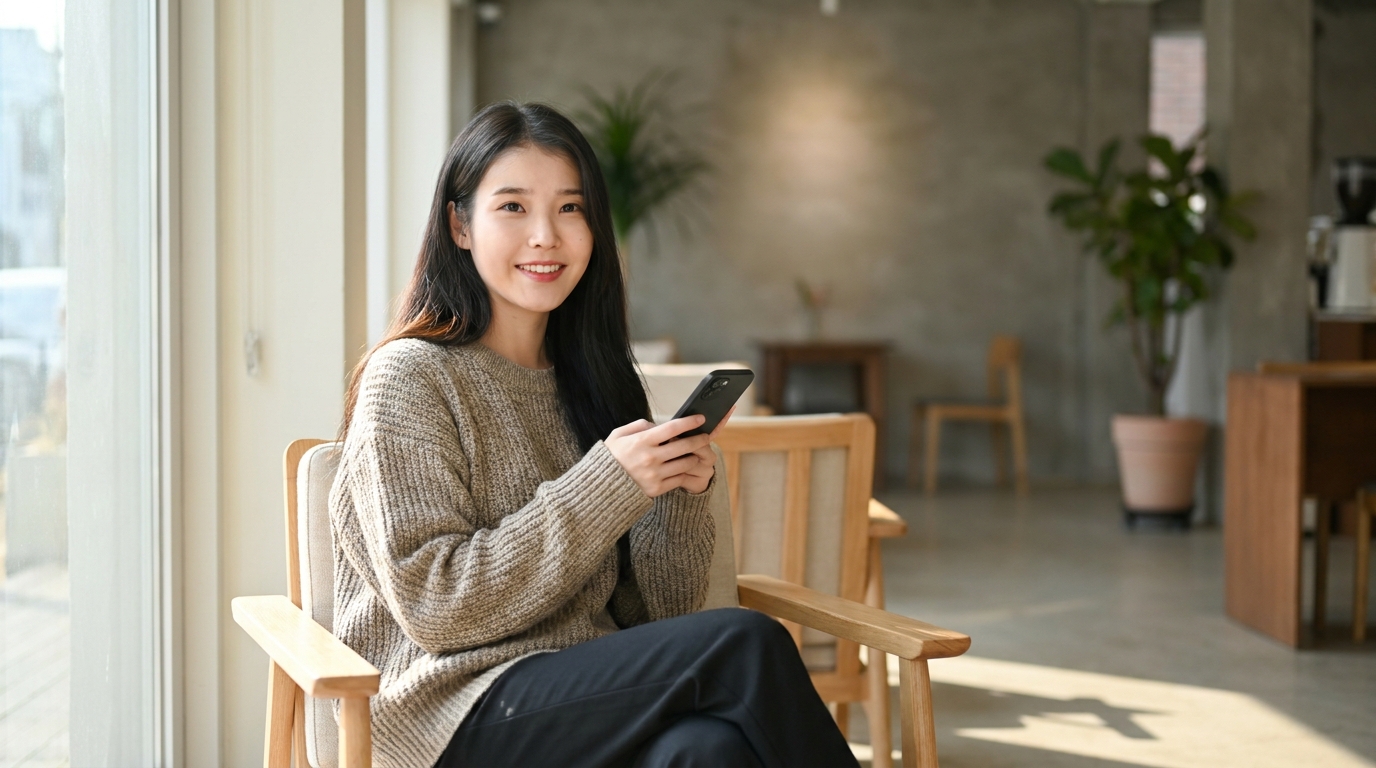 아늑한 카페에서 핸드폰 디스플레이 다크모드를 켠 채 환하게 미소 짓는 인형 같은 외모의 한국인 여성