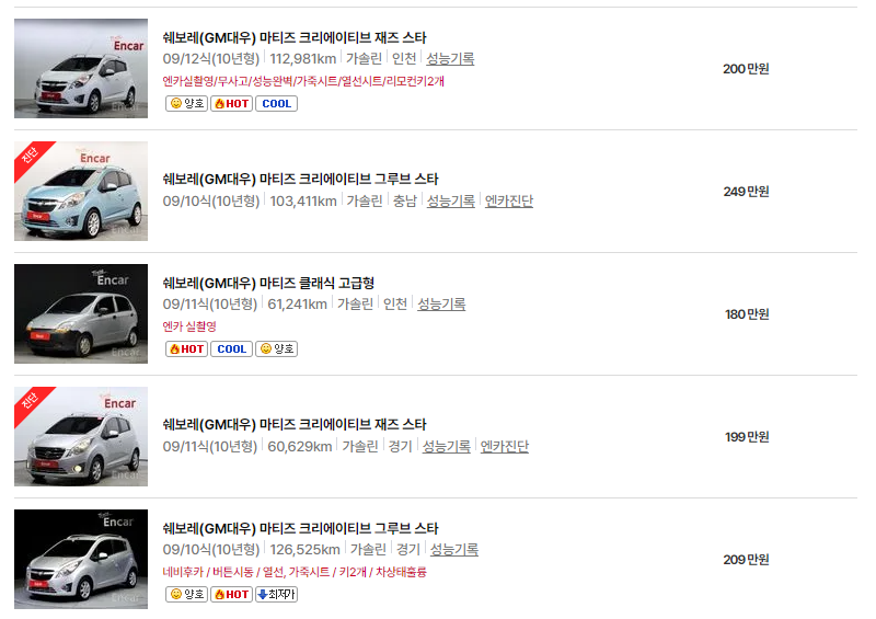 쉐보레 마티즈 중고차 가격 시세표 24년10월