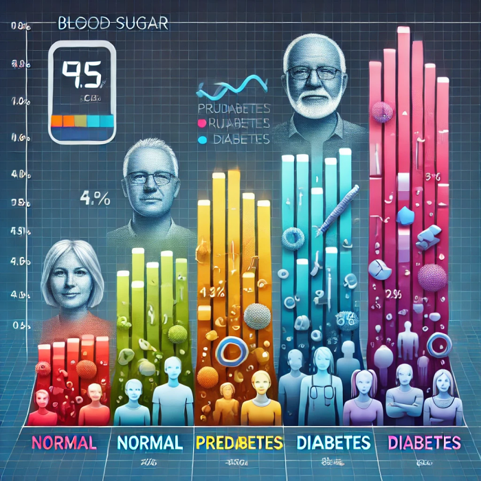 연령대별로 정상, 전당뇨, 당뇨병 상태의 혈당 수치를 비교한 막대그래프.