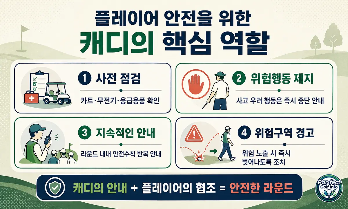 플레이어 안전을 위한 캐디의 역할을 사전 점검, 위험행동 제지, 지속적인 안전 안내, 위험구역 경고의 네 단계로 정리한 인포그래픽