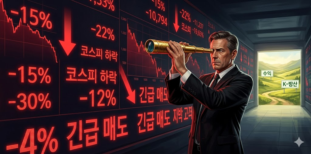 붉게 물든 하락장 전광판 앞에 서서 망원경으로 '삼성전자 20만 원'과 '방산 수주' 지평선을 바라보는 이선엽 대표의 뒷모습