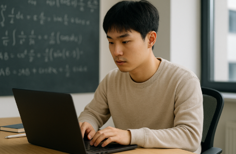 수학 공식이 가득한 칠판 앞에서 프로그래밍하는 모습