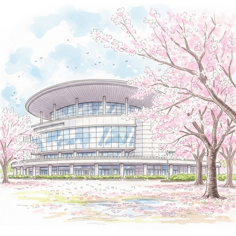 꽃이 핀 도심 속 대형 공연장의 외관