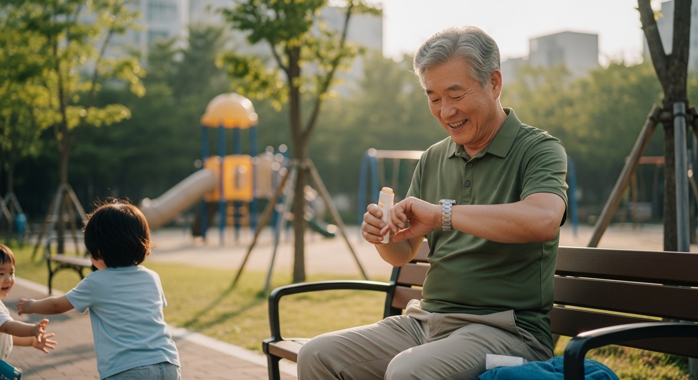 가방 속 휴대용 선스틱과 작은 거울, 손주와의 외출 전 재도포를 준비하는 장면