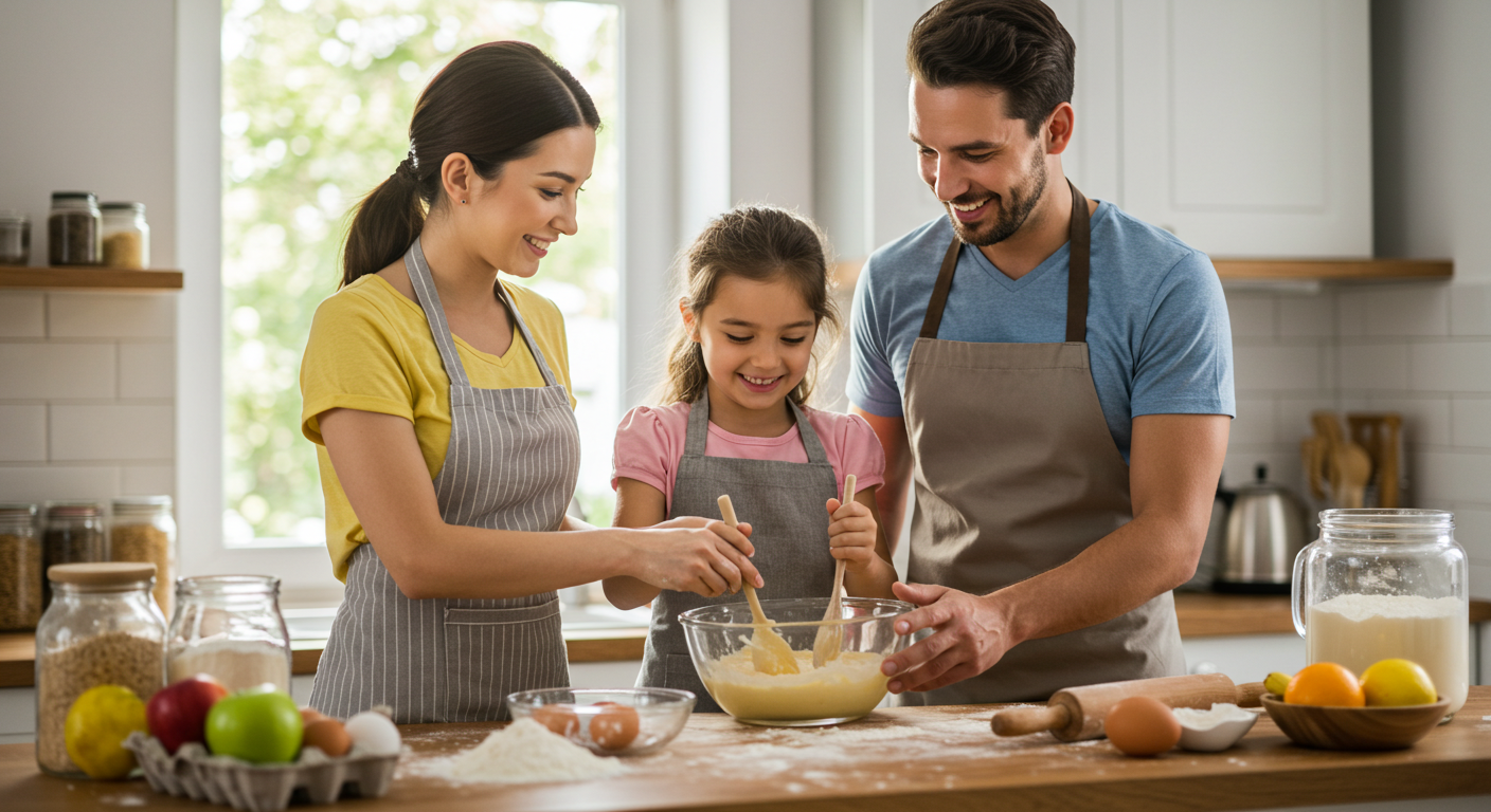행복한 가족이 함께 요리하는 모습
