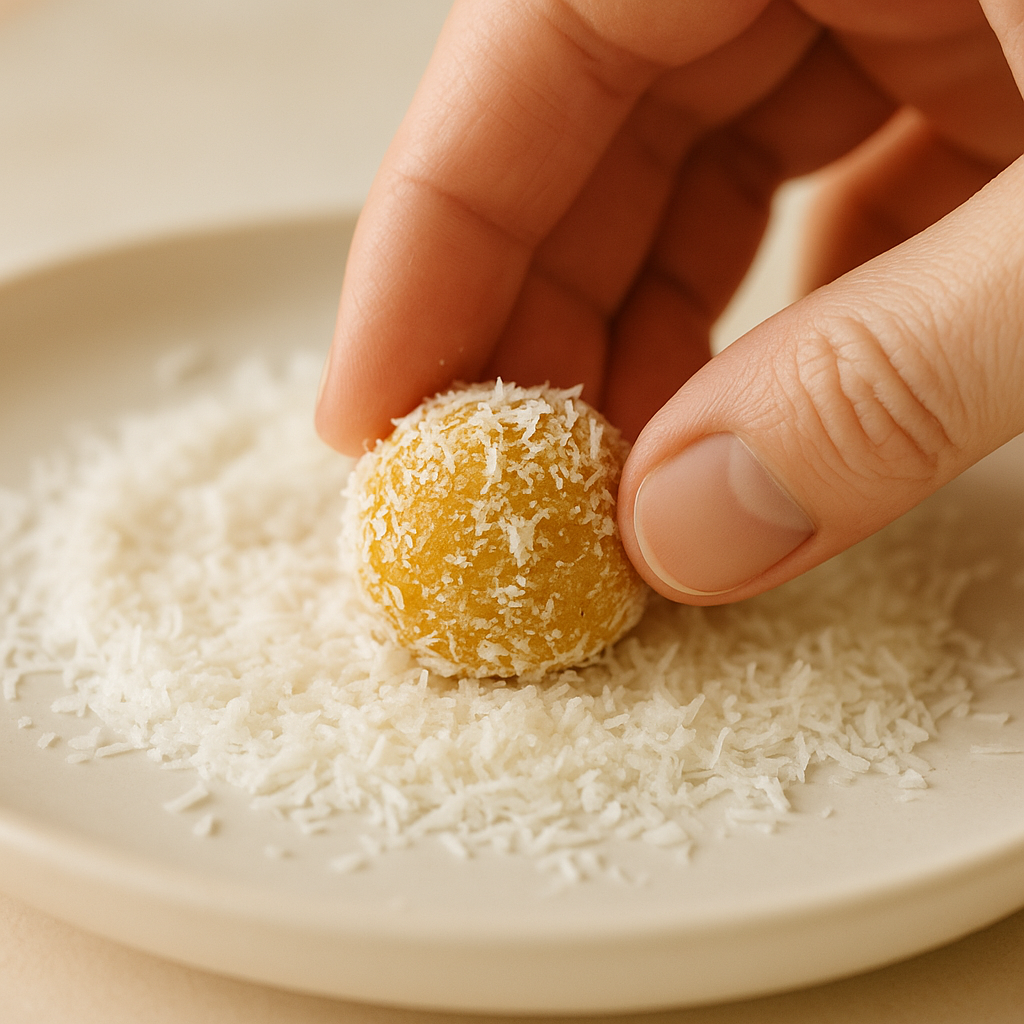 코코넛 가루에 단호박 볼을 굴리는 손동작 이미지