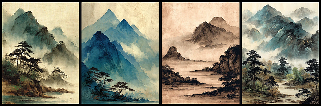 한지 질감 위에 은은한 색감과 먹선이 조화를 이루는 한국 전통 담채화풍 산수화 이미지_Midjourney