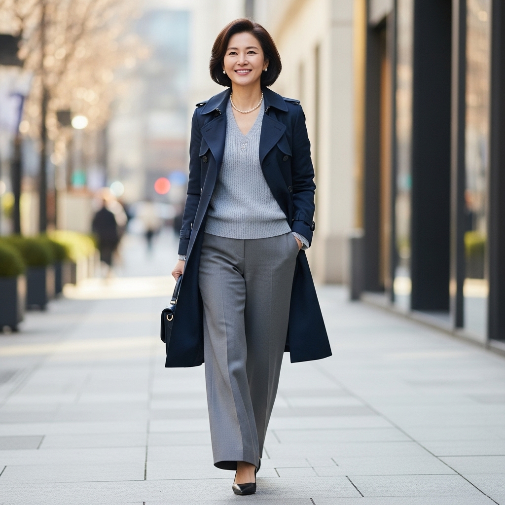 2025년 중년 패션 트렌드를 반영한 우아하고 자신감 넘치는 중년 여성이 네이비 트렌치코트와 와이드 팬츠로 시크룩을 연출하고 도심을 걷는 모습