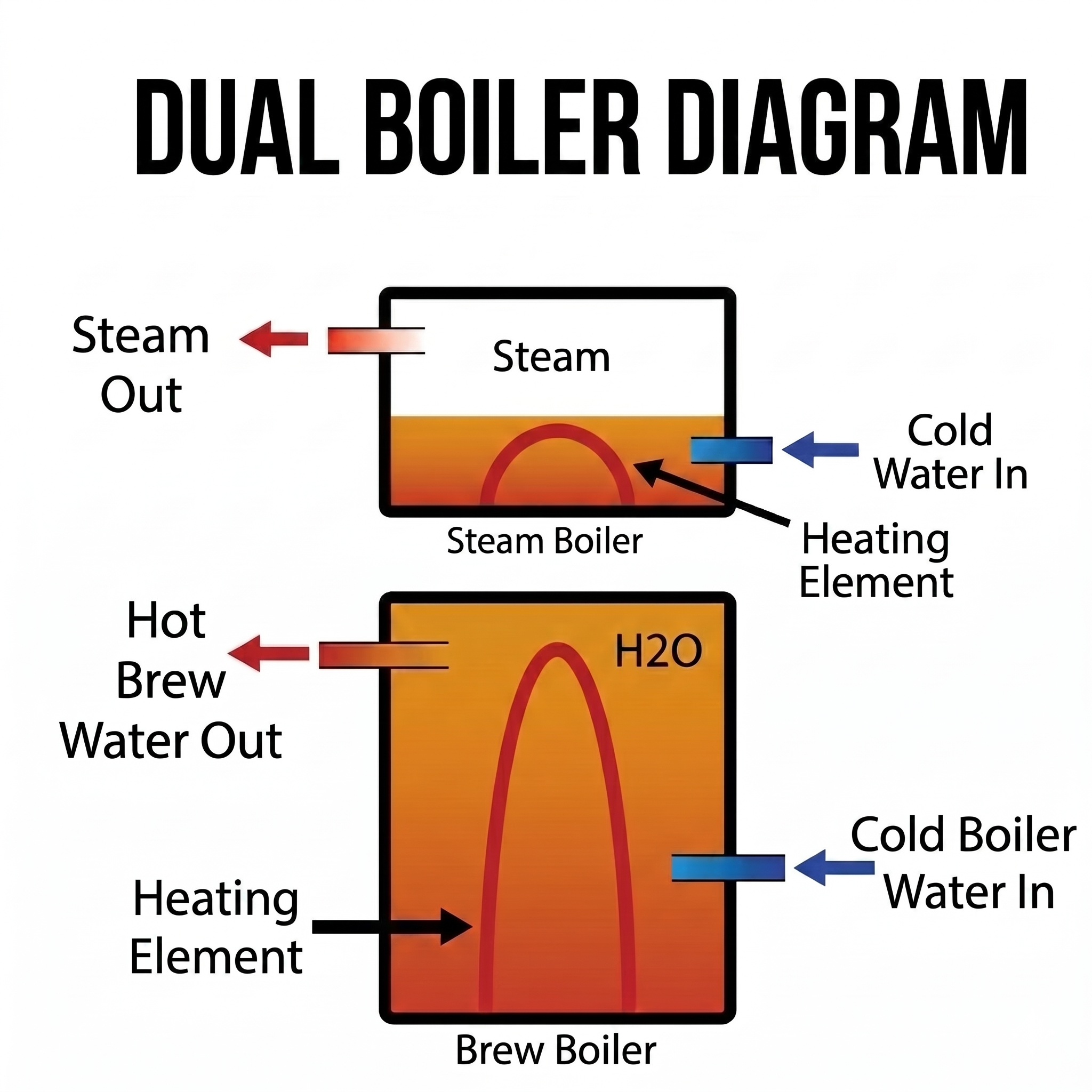 참조 이미지: 에스프레소 머신 듀얼 보일러(Dual Boiler) 시스템 다이어그램
대체 텍스트: 커피 추출과 우유 스팀을 위한 보일러가 각각 독립적으로 분리된 듀얼 보일러 시스템의 공학적 구조를 보여주는 다이어그램입니다.
스팀 보일러 (Steam Boiler): 상단에 위치한 별도의 보일러로, 내부에 독립적인 가열 소자(Heating Element)와 냉수 유입 경로를 갖추고 있습니다. 상단의 스팀 층에서 스팀 배출(Steam Out)이 이루어지며, 우유 스팀을 위한 강력한 압력을 전담합니다.
추출 보일러 (Brew Boiler): 하단에 위치한 커피 추출 전용 보일러입니다. 별도의 가열 소자와 냉수 유입 경로를 통해 오직 추출에 필요한 온수만을 관리하며, 온수 추출수 배출(Hot Brew Water Out)을 담당합니다.
공학적 핵심 요약: 추출 보일러와 스팀 보일러가 물리적으로 완전히 분리되어 있어, 각 보일러의 온도를 독립적이고 일정하게 유지할 수 있습니다. 이는 기계식 스위치가 아닌 PID(최신 온도 제어 장치)를 통해 제어되어 연속 추출 시에도 오차 없는 열역학적 안정성을 제공합니다.
디자인 특징: 화이트 배경에 상하로 배치된 두 개의 보일러 도식, 그리고 각 시스템의 독립성을 강조하기 위한 빨간색(열/출력)과 파란색(냉수) 화살표를 사용한 미니멀리즘 기술 일러스트레이션입니다.