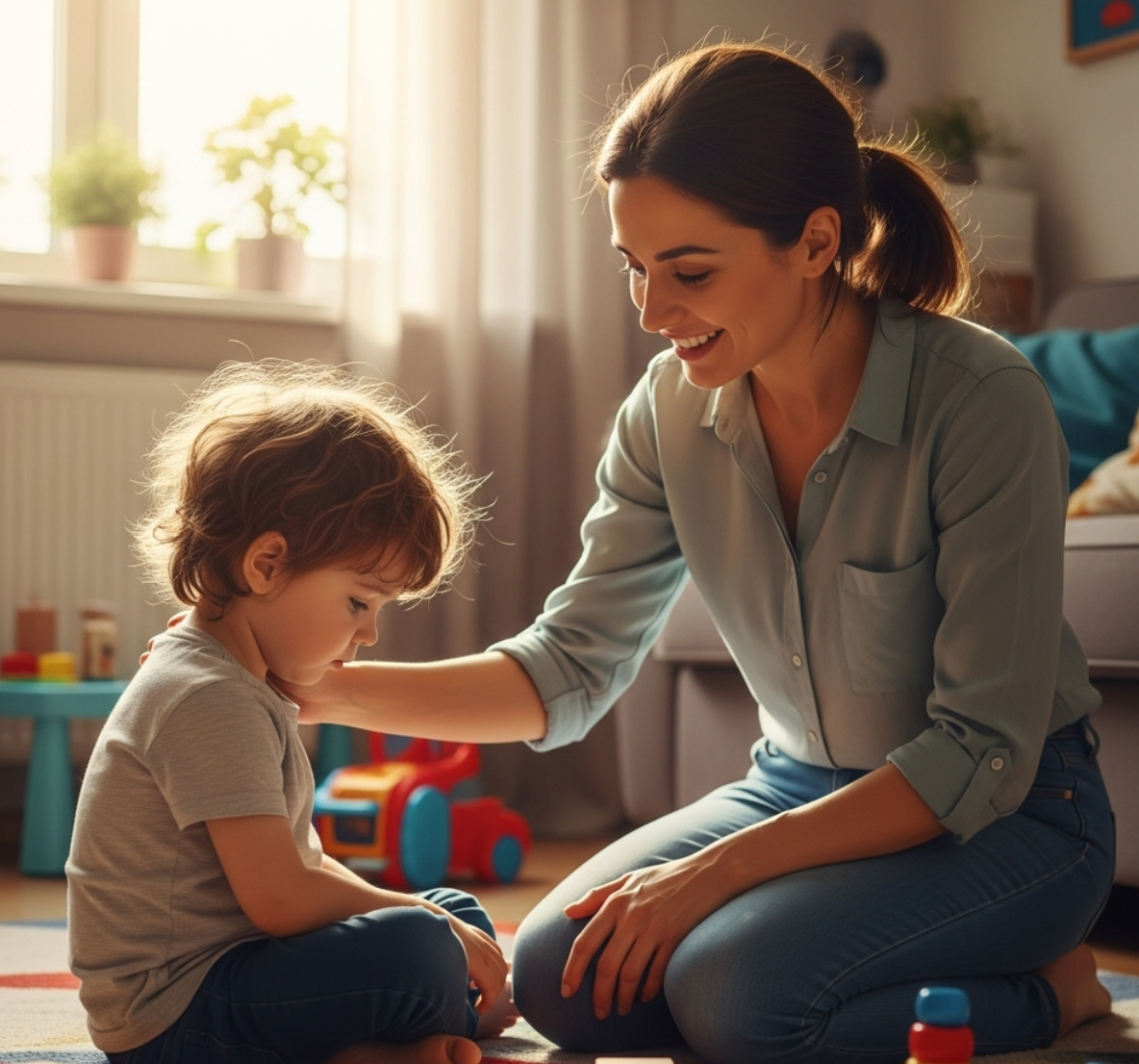 실수한 아이에게 응원해주고 있는 엄마의 모습