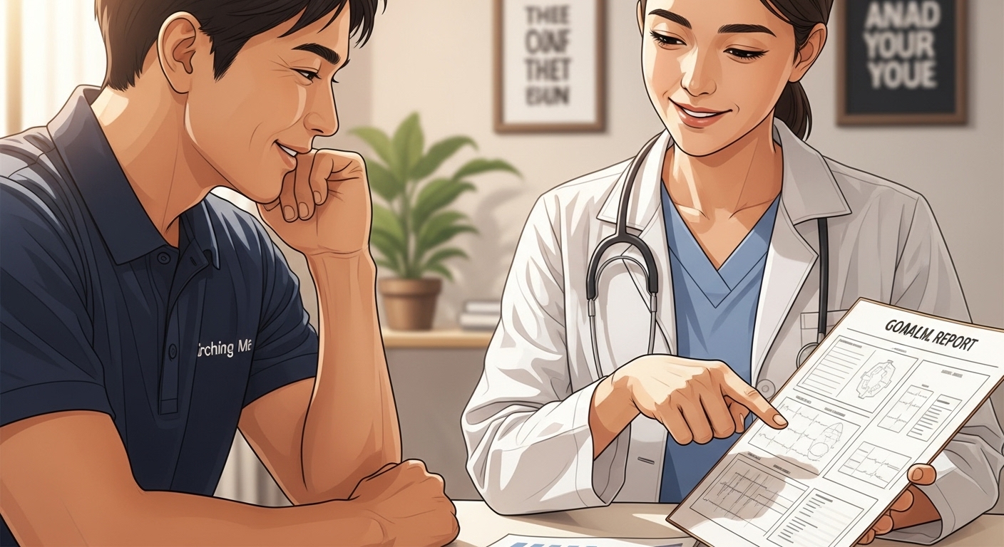 근로자 건강센터에서 의료 전문가가 영세사업장 근로자에게 건강검진 결과와 건강관리법을 친절하게 설명하는 모습.