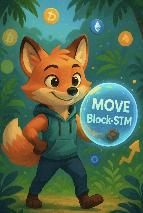 MOVE Block-STM 방패를 든 여우 캐릭터가 블록체인 정글을 걷는 픽사풍 일러스트. 이 이미지는 Aptos가 Web3 기술 혼란 속에서 안정성과 성능으로 나아가는 모습을 상징적으로 보여주며, 블로그의 Aptos 소개 콘텐츠와 관련된 내용을 설명함 (aptos, move language, block-stm, aptos ecosystem)