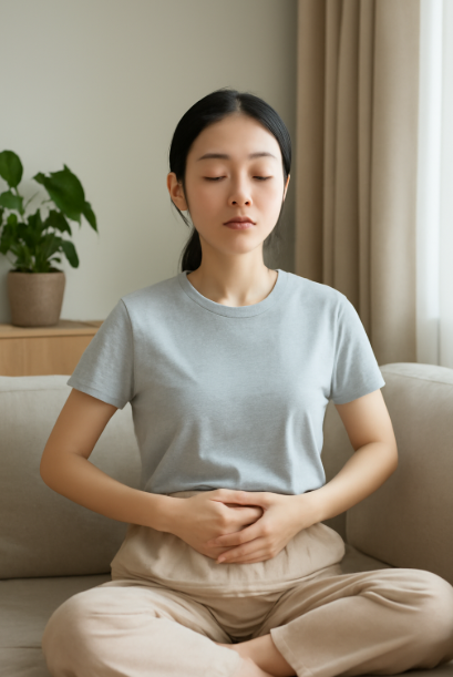 밝은 거실에서 명상을 실천 중인 동양 여성의 모습.