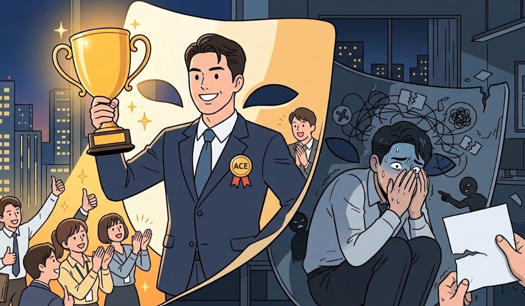 사람들의 환호를 받으며 트로피를 든 거대한 웃는 가면 앞의 당당한 모습과, 어두운 곳에서 식은땀을 흘리며 두려움에 웅크린 진짜 모습이 대조되는 장면