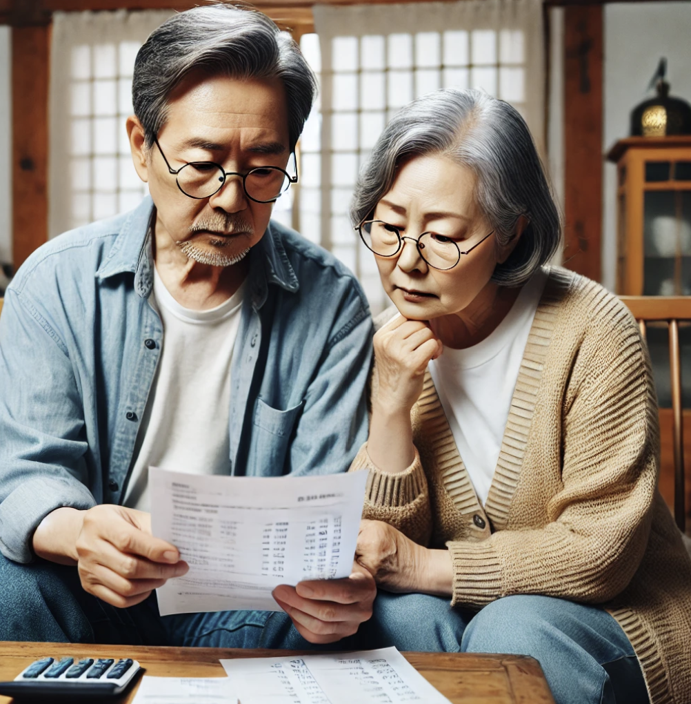 금융 문서를 검토하는 노부부