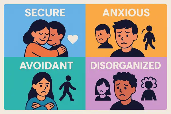 성인 애착 유형 4가지(안정형, 불안형, 회피형, 혼란형)를 글자 없이 순수 시각 이미지로 비교한 인포그래픽