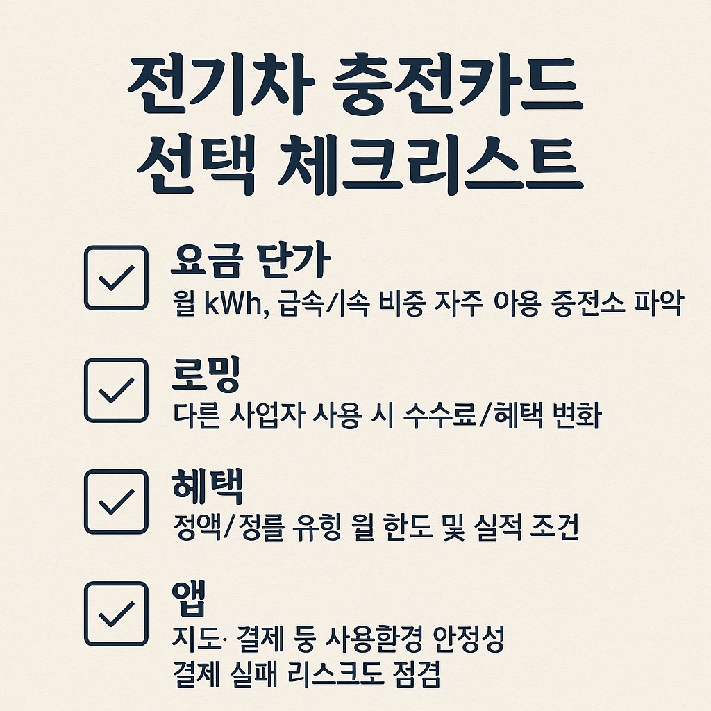 전기차 충전카드 선택 체크리스트: 요금 단가&middot;로밍&middot;혜택&middot;앱