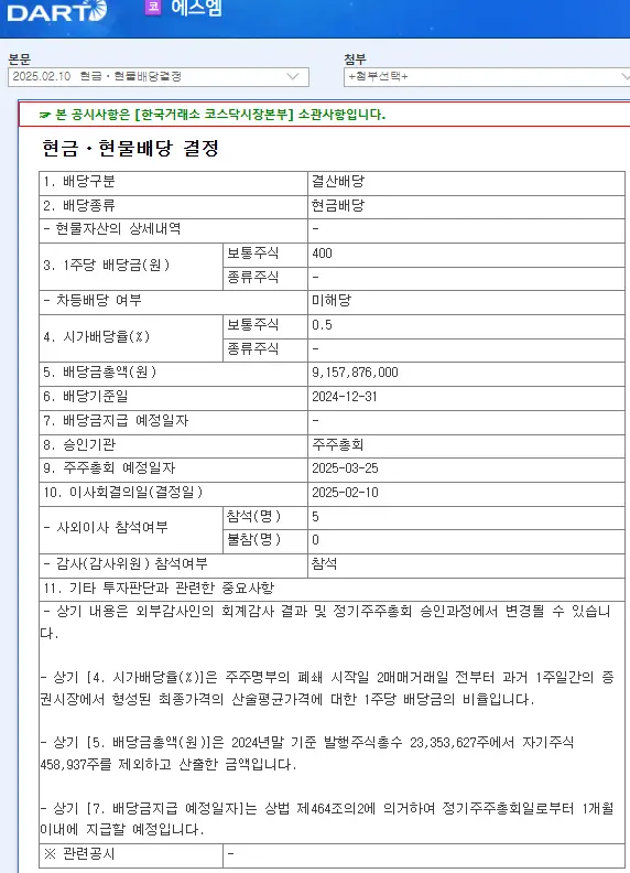 에스엠(041510) 2025년 배당, 배당금, 배당일