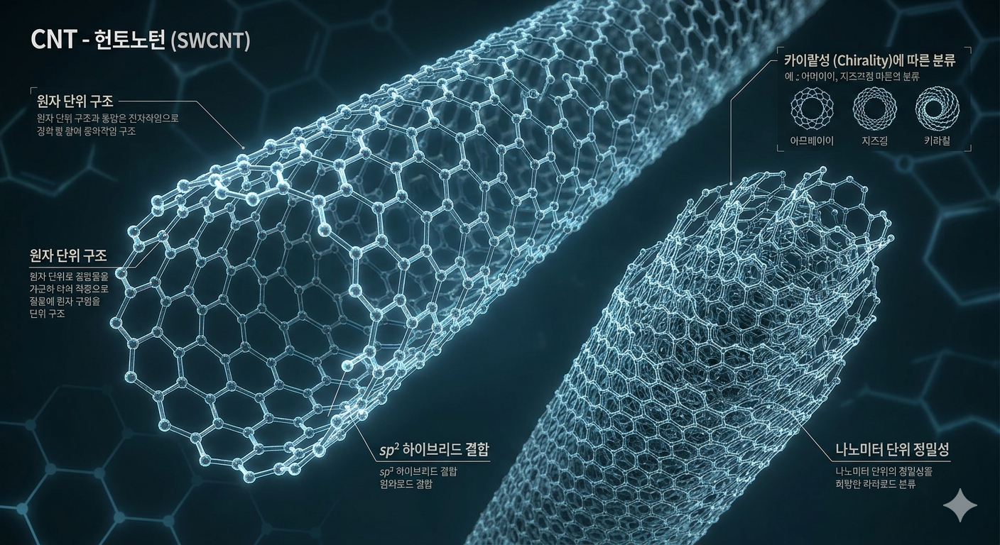 탄소나노튜브(CNT)의 원자 수준 구조를 정밀하게 시각화한 과학 인포그래픽입니다.