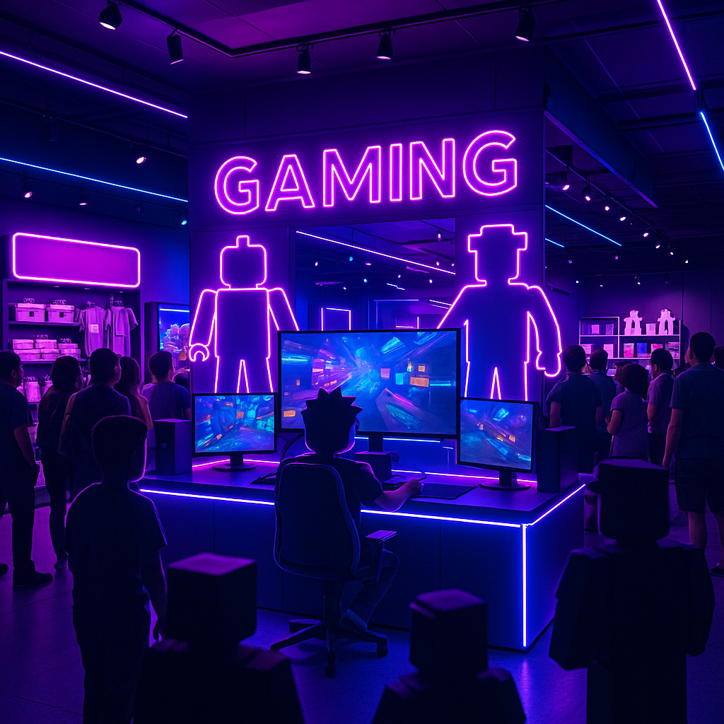 로블록스 팝업 스토어 체험존 모습 - 게임 부스와 굿즈 판매 공간이 있는 현대적인 팝업 매장 인테리어