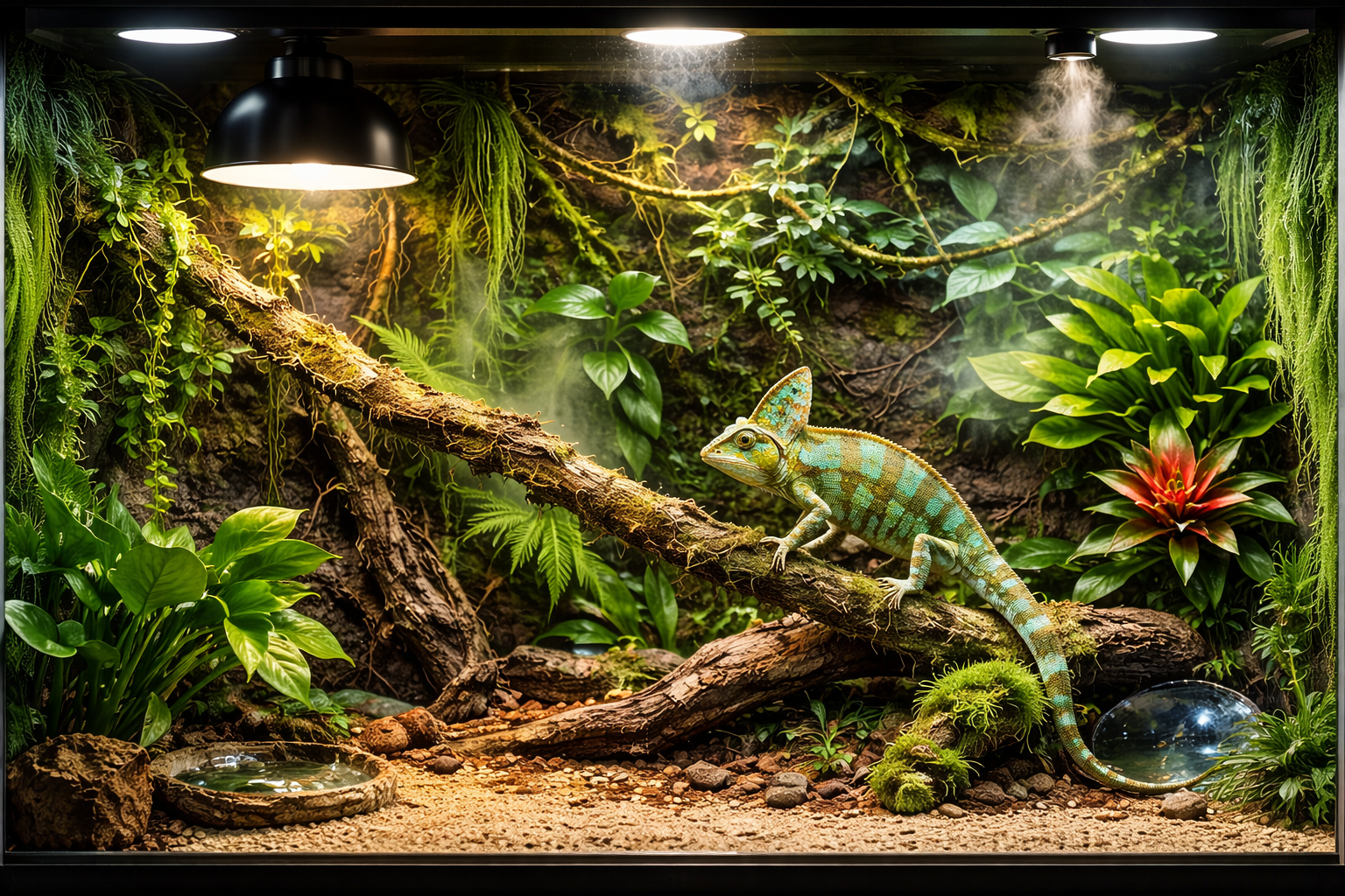 잘 꾸며진 테라리움 안의 도마뱀 이미지