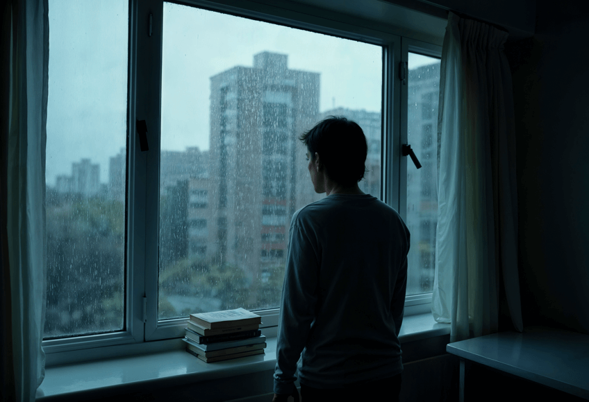 비 오는 창가 앞에서 멍하니 서 있는 번아웃 상태의 인물