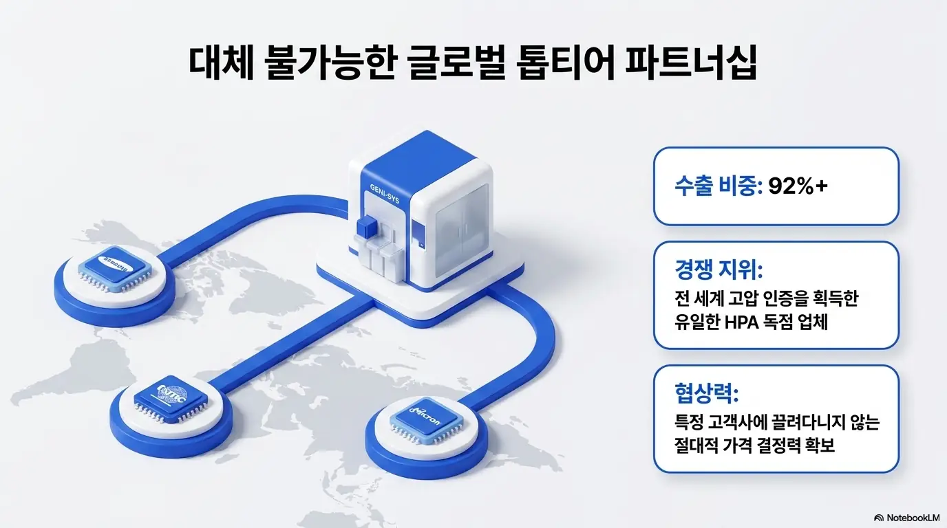 HPSP 주가 전망: &amp;#39;대체 불가능한 글로벌 톱티어 파트너십&amp;#39;이라는 문구가 포함된 이미지. HPSP의 수출 비중 92% 이상&amp;#44; 전 세계 고압 인증을 획득한 유일한 HPA 독점 업체로서의 위상과 절대적 가격 결정력을 시각적으로 전달하며&amp;#44; 블로그의 HPSP 독점 구조 분석과 관련된 내용을 설명함 