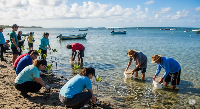 해양자원 보호를 위해 해변를 정비하는 사람들의 모습를 그린 사진
