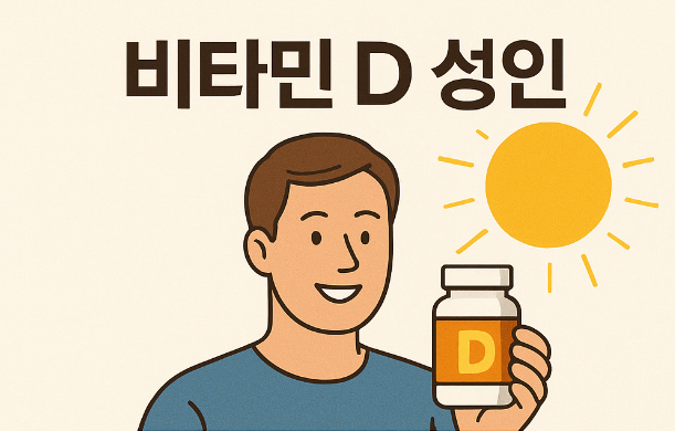 성인 건강 정보를 담은 따뜻한 색감의 인포그래픽 스타일 
비타민 D의 기능 
권장 섭취량 
자연적 공급원 
결핍 증상 
보충제가 필요한 상황에 대한 정보를 
일러스트와 아이콘으로 명확하게 구분한 시각 자료 
햇빛 아이콘 
비타민 D 병을 들고 있는 남성 캐릭터 
깔끔하고 직관적인 구성