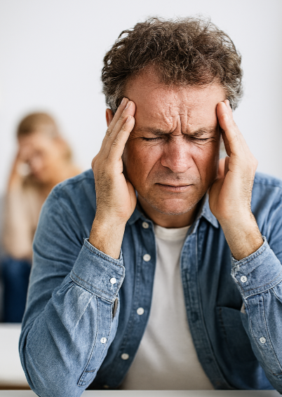 스트레스로 인해 이마를 짚고 고통스러운 표정을 짓고 있는 중년 남성이 책상 앞에 앉아 있는 모습