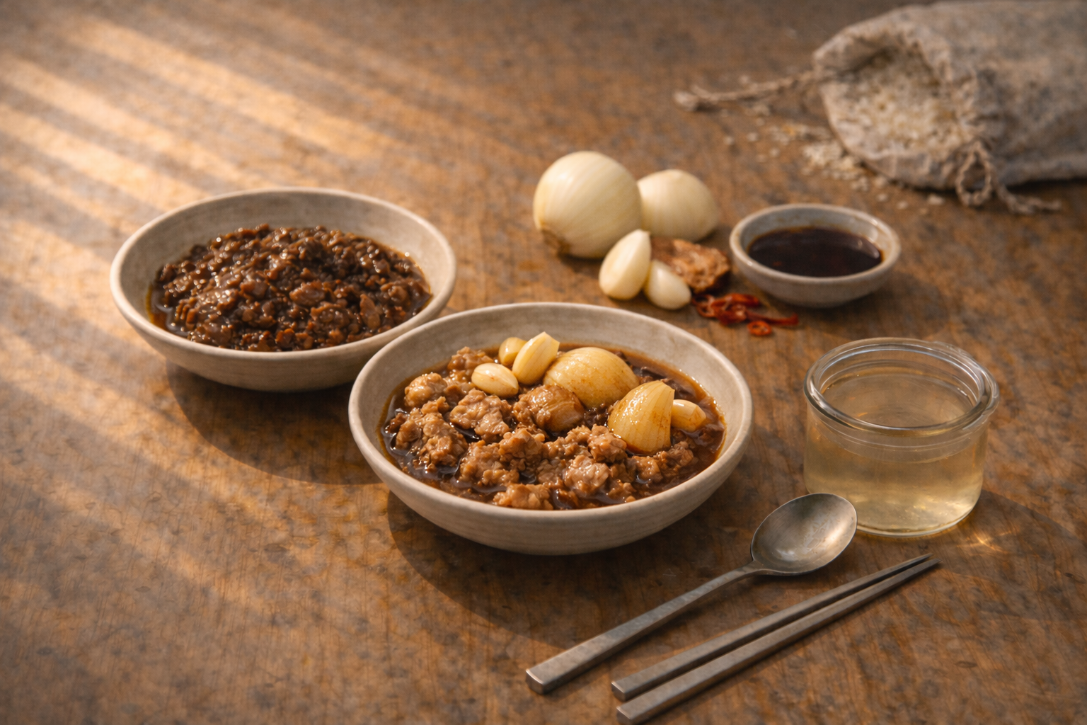 된장에 숙성된 양파와 마늘, 뒷다리살 고기를 담은 그릇이 따뜻한 나무 식탁 위에 놓여 있다. 한 번 사용된 재료가 다시 식사의 구조로 순환되는 모습을 담은 &lsquo;살기 위해서 먹는다 &ndash; 실천 6편&rsquo; 대표 이미지.