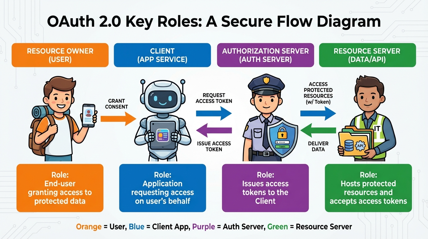 OAuth 2.0 아키텍처를 구성하는 4가지 핵심 객체(Resource Owner, Client, Authorization Server, Resource Server)