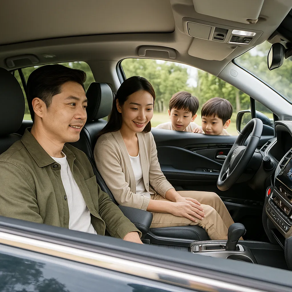 혼다 파일럿 차량 내부를 살펴보는 가족
