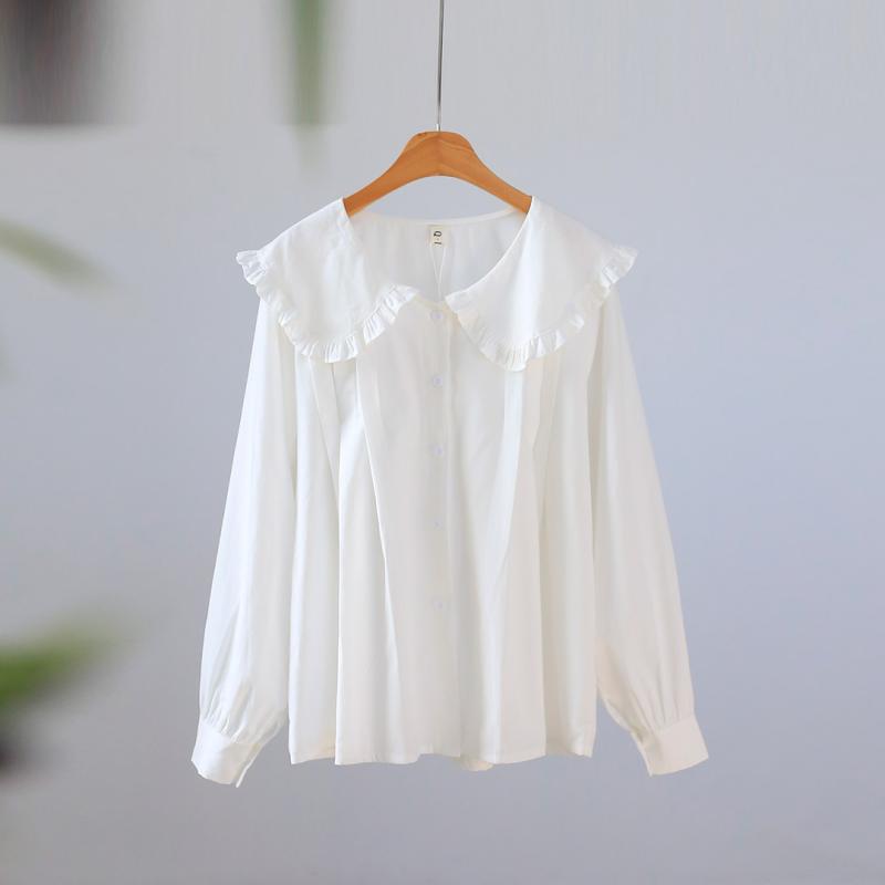 프릴 빅카라 세일러 스트라이프 레이스 펀칭 아일렛 긴팔 가을 여성 블라우스