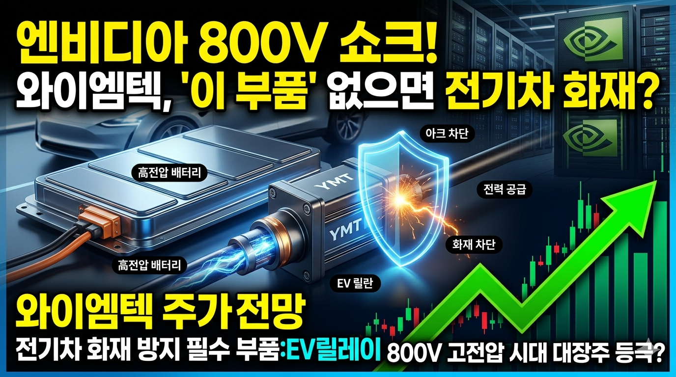 전기차 배터리와 고전압 충전기 사이에서 불꽃(아크)을 완벽하게 차단하는 와이엠텍의 EV 릴레이 기술을 시각화한 이미지. 배경에는 우상향하는 주가 그래프와 '전기차 화재 방지 필수 부품', '800V 고전압 시대 대장주' 텍스트가 강조되어 있다